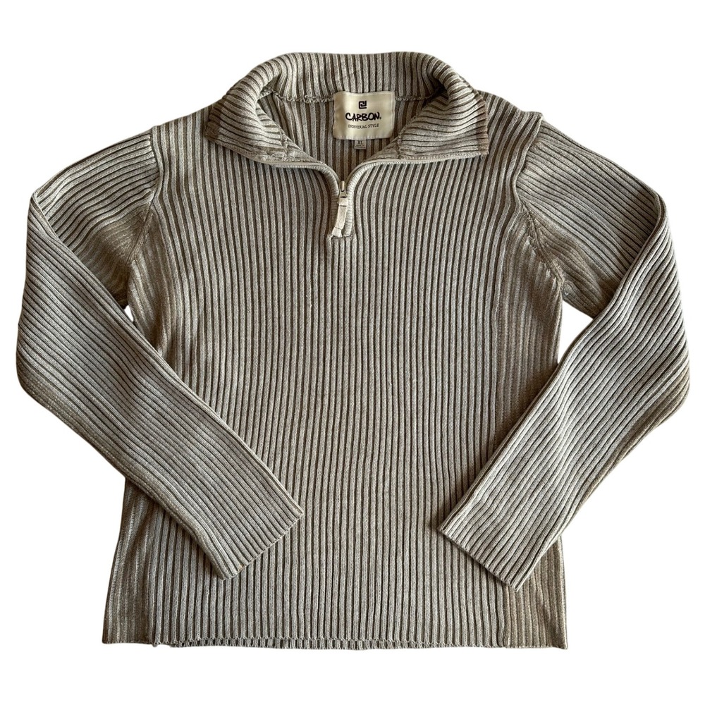 Carbon Mens‎ XL Pullover Sweater Ribbed Knit Mock Neck Quarter Zip Beige Cabin
